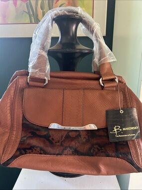 b. makowsky Tan/Brown Leather Satchel with Animal-Print Panel